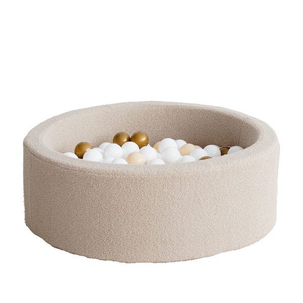 bouclé boucle beige bruin ballenbad ballenbak ballenbadballen ballenbakballen rond 30 hoog moje