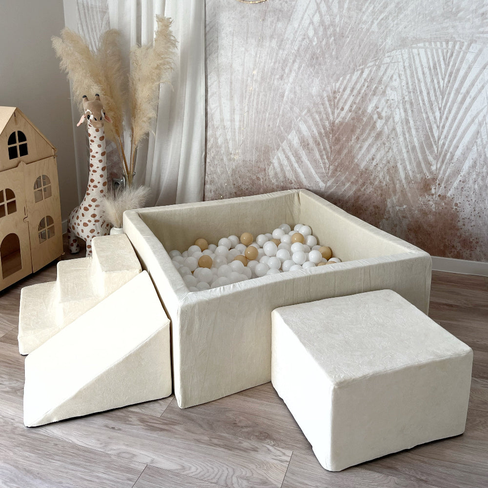speelset playset ballenbadaccessoires ballenbad ballenbaden ballenbakje foamblokken zachte speelblokken klimblokken moje velvet beige ecru