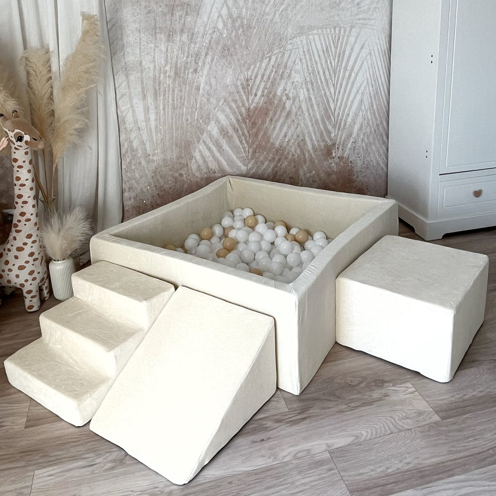 speelset playset ballenbadaccessoires ballenbad ballenbaden ballenbakje foamblokken zachte speelblokken klimblokken moje velvet beige ecru