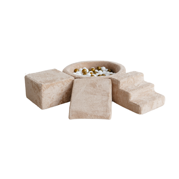 ballenbad ballenbak 3 elementen foam blokken trapje driehoek kubus teddy stof beige moje ballenbadballen ballenbakballen
