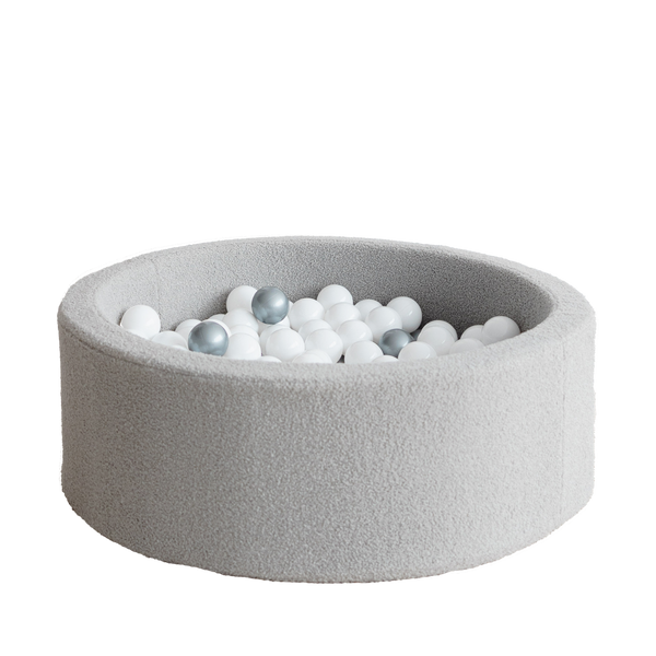 bouclé boucle grijs grey ballenbad ballenbak ballenbadballen ballenbakballen rond 30 hoog moje