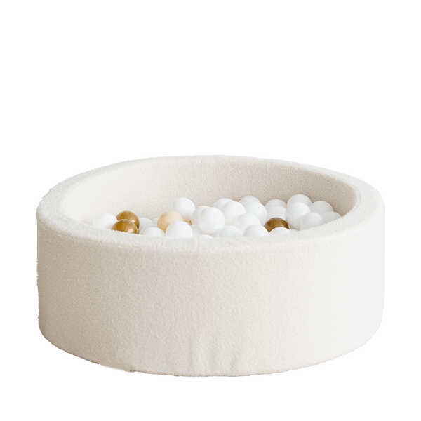 bouclé boucle cream ecru beige ballenbad ballenbak ballenbadballen ballenbakballen rond 30 hoog moje