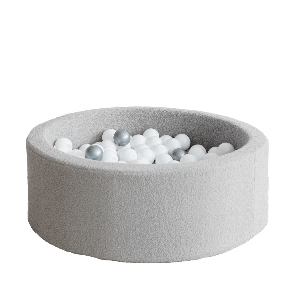 bouclé boucle grijs grey ballenbad ballenbak ballenbadballen ballenbakballen rond 30 hoog moje